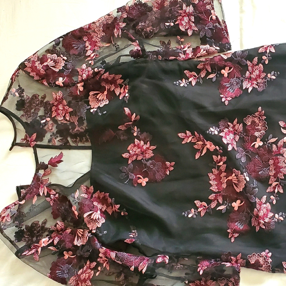 Black lace dress with embroidered flowers